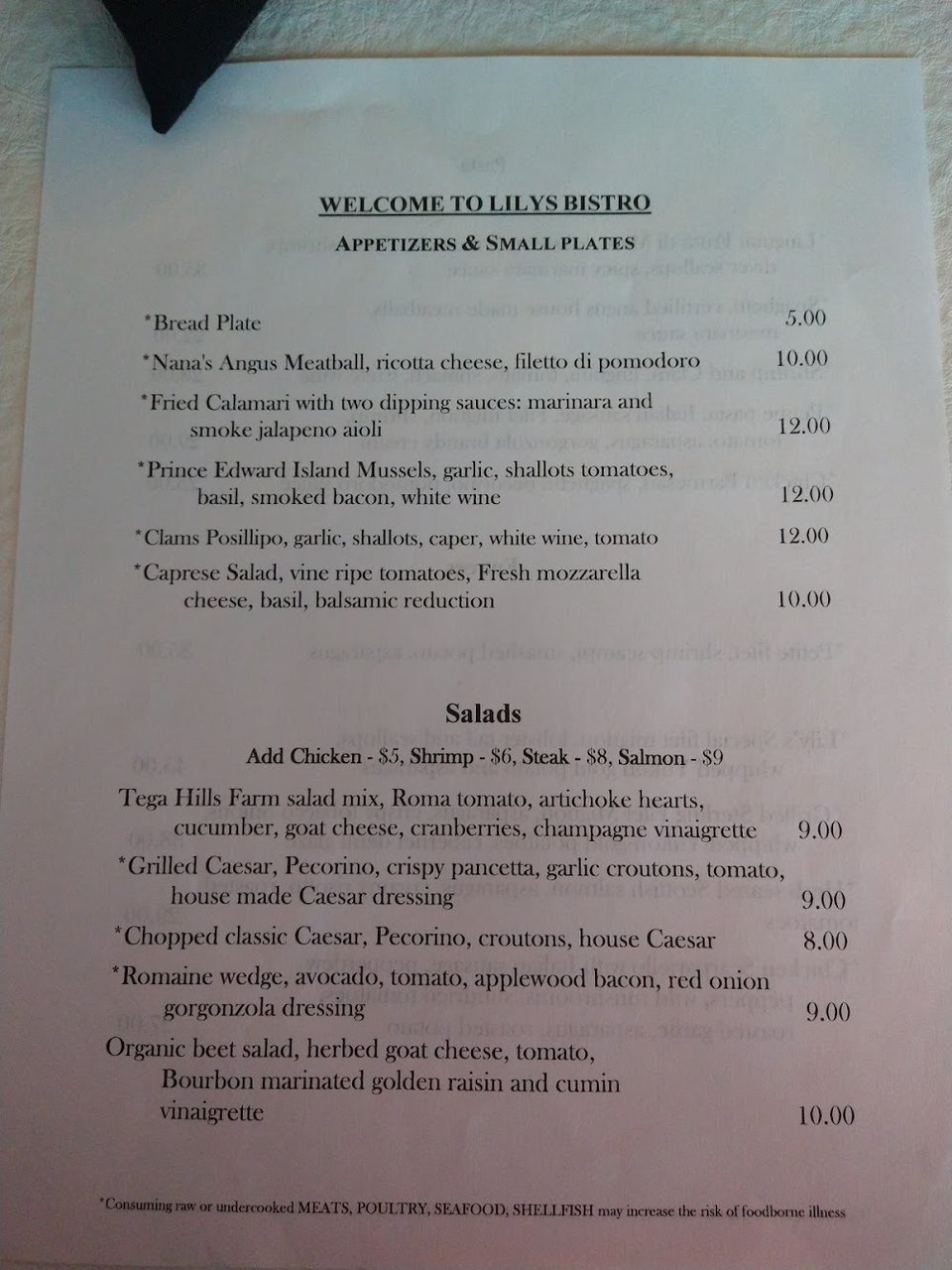 Printed menu with simple lunch and drink choices.